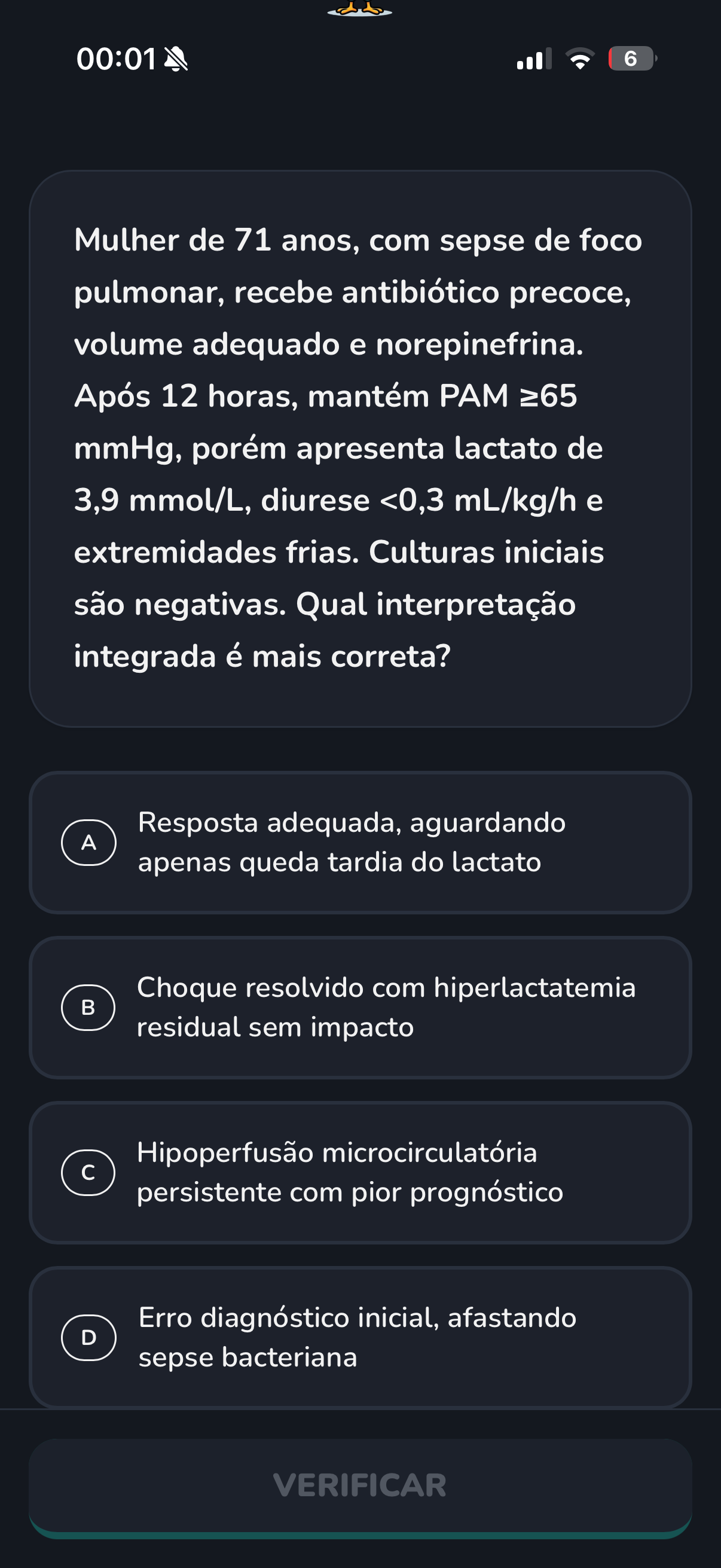 Tela de questão clínica no MedGalo